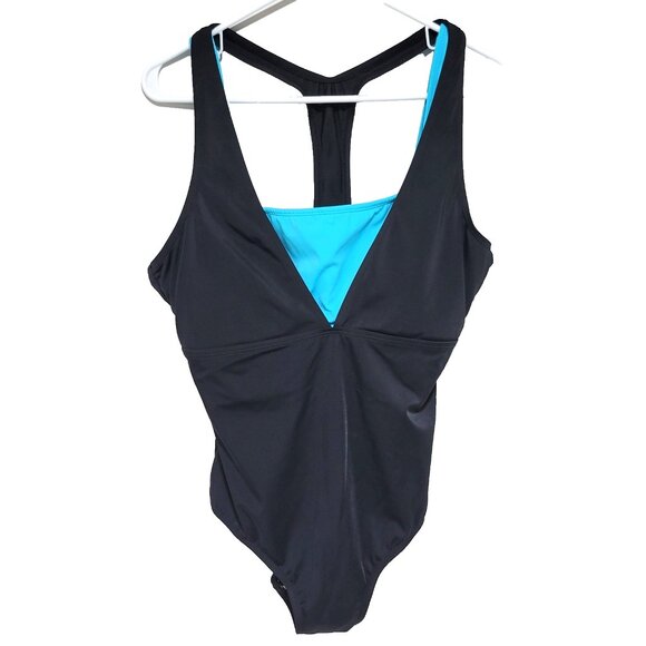 Reebok One Piece Swimsuit 14 Women's Black Blue T-Back Double Straps Padded - Picture 1 of 4